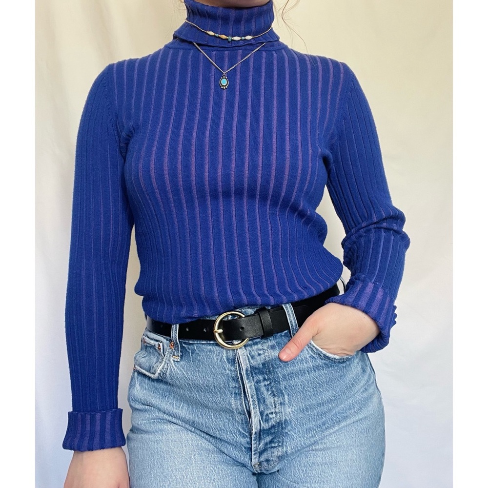 🌱5/$25🌱 George | Purple Blue Striped Ribbed Turtle Neck Sweater